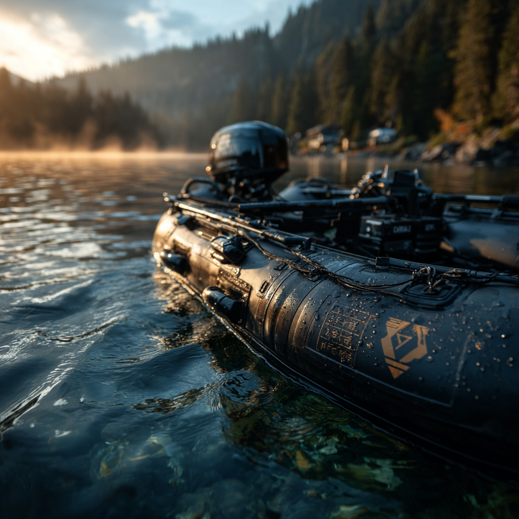 Лодка ПВХ с установленным троллинговым мотором у берега