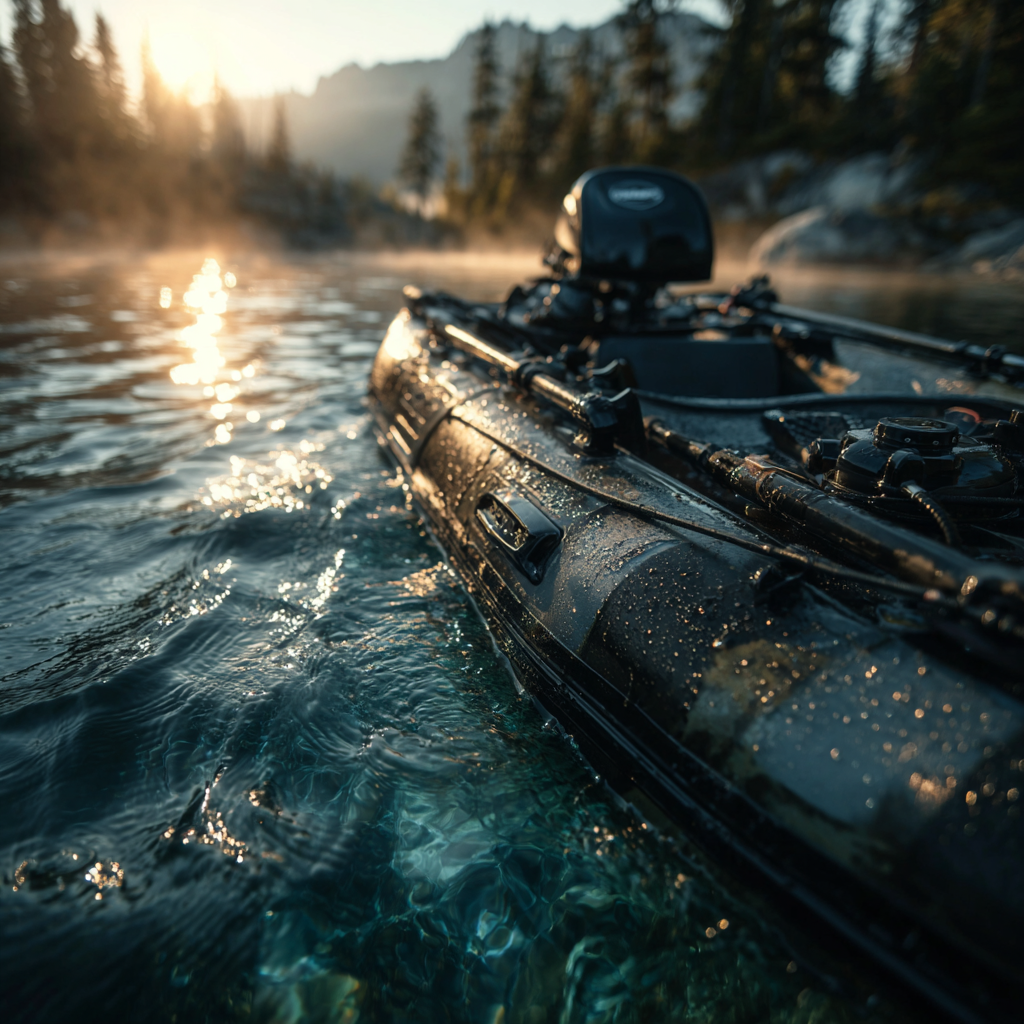 Лодка ПВХ с троллинговым мотором на рассветной воде