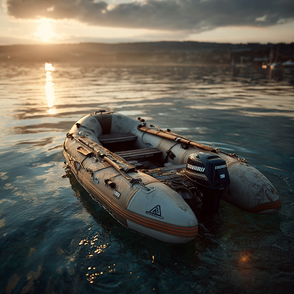 Лодка ПВХ в переходном режиме: нос задран, корма просела