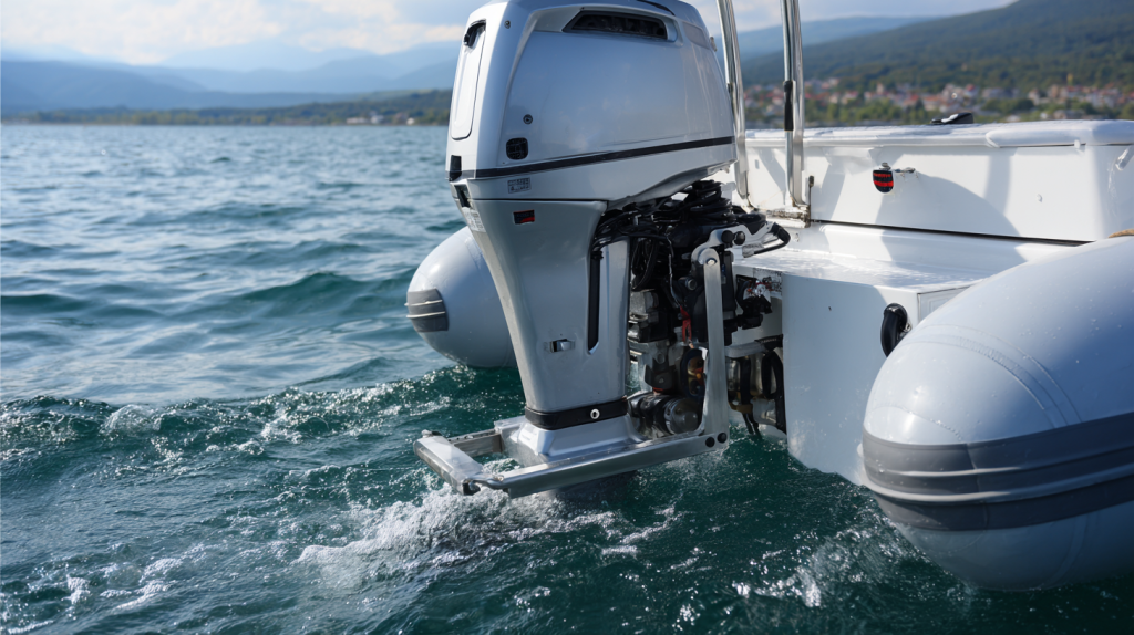Подвесной мотор на выносном транце в работе на воде